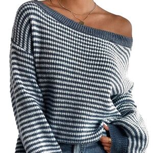 B201 Sail Blue Striped Lantern Sleeve Drop Shoulder Cozy Sweater